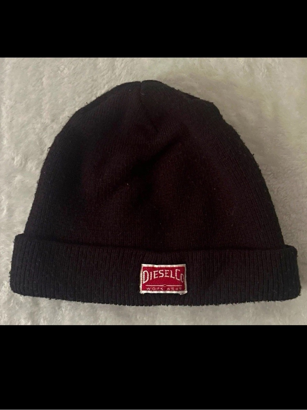 90s Diesel Black Beanie with Red Logo Patch Made in Italy
